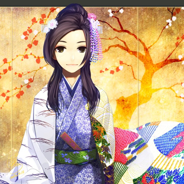 Anime picture 1280x1280 with original poaro single long hair looking at viewer highres black hair traditional clothes japanese clothes black eyes cherry blossoms girl hair ornament kimono