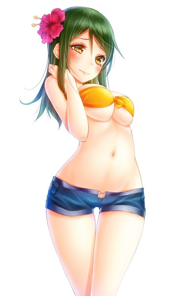 Anime picture 574x1000 with original noppi (noppi 98) single long hair tall image blush breasts light erotic simple background white background yellow eyes hair flower green hair bare belly girl navel hair ornament flower (flowers) shorts short shorts