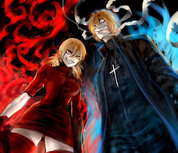 Anime picture 2417x2076 with hellsing seras victoria heinkel wolfe akubi (artist) highres short hair blue eyes blonde hair red eyes multiple girls teeth mouth hold smoke smoking sharp teeth vampire girl thighhighs gloves 2 girls