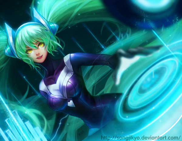 Anime picture 1584x1224 with league of legends sona buvelle songjikyo single long hair looking at viewer breasts twintails yellow eyes green hair light smile girl bodysuit