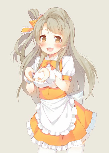 Anime picture 714x1000 with love live! school idol project sunrise (studio) love live! minami kotori meito (maze) single long hair tall image looking at viewer blush open mouth simple background smile brown eyes grey hair grey background teeth one side up girl thighhighs