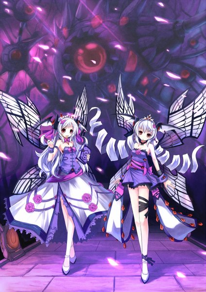 Anime picture 1027x1452 with original hoshi no gen long hair tall image smile red eyes multiple girls silver hair drill hair head wings insect wings butterfly wings girl dress flower (flowers) 2 girls petals wings