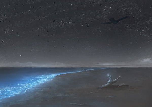 Anime picture 1200x848 with original you shimizu single long hair brown hair sitting night night sky beach outstretched arm horizon glow girl sea star (stars)