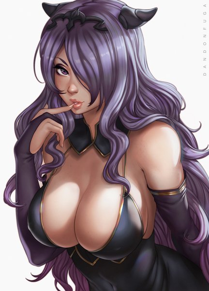 Anime picture 630x875 with fire emblem fire emblem fates camilla (fire emblem) dandon fuga single long hair tall image looking at viewer fringe breasts light erotic simple background large breasts white background purple eyes bare shoulders purple hair upper body parted lips lips