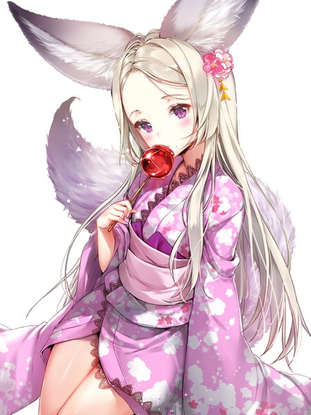 Anime picture 1000x1333 with blade & soul lyn (blade & soul) tena single long hair tall image looking at viewer blush simple background white background sitting holding animal ears silver hair tail traditional clothes head tilt japanese clothes animal tail pink eyes