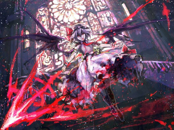 Anime picture 1280x960 with touhou remilia scarlet yamada rokkaku red eyes blue hair demon wings girl bow weapon wings headdress window blood stairs stained glass spear the gungnir