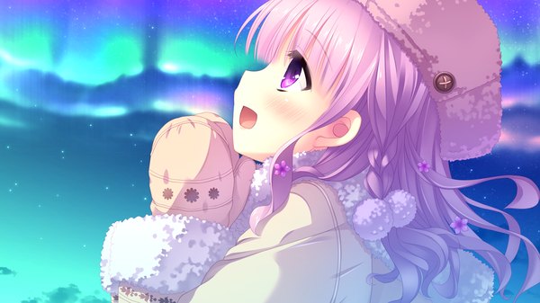 Anime picture 1920x1080 with imouto no okage de mote sugite yabai yonaga aoba ikegami akane long hair blush highres open mouth wide image purple eyes pink hair game cg profile aurora borealis girl cap mittens