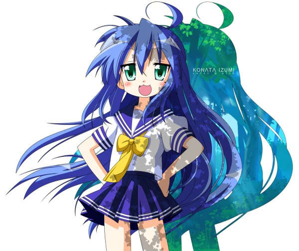 Anime picture 1250x1050 with lucky star kyoto animation izumi konata rindou (awoshakushi) long hair blush open mouth green eyes blue hair ahoge :3 girl serafuku sailor suit