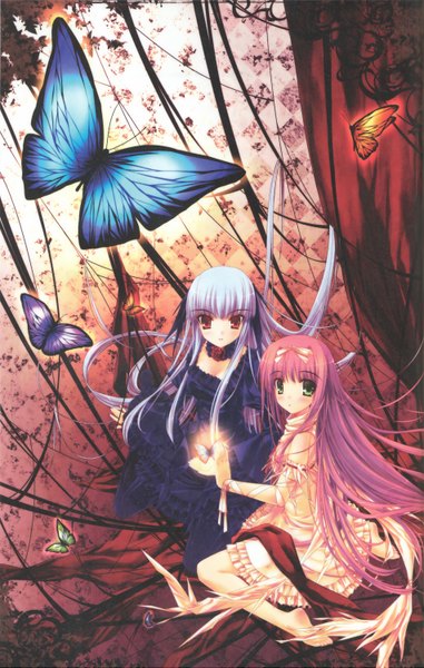 Anime picture 3808x5986 with yuki usagi (mofurafu) long hair tall image blush highres simple background red eyes sitting green eyes pink hair absurdres silver hair girl dress insect butterfly