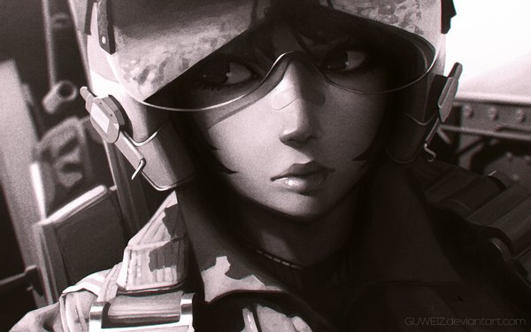 Anime picture 1920x1200 with original guweiz single highres short hair black hair signed looking away lips shadow monochrome bandaid on nose ilya kuvshinov (style) girl uniform weapon headphones gun military uniform goggles