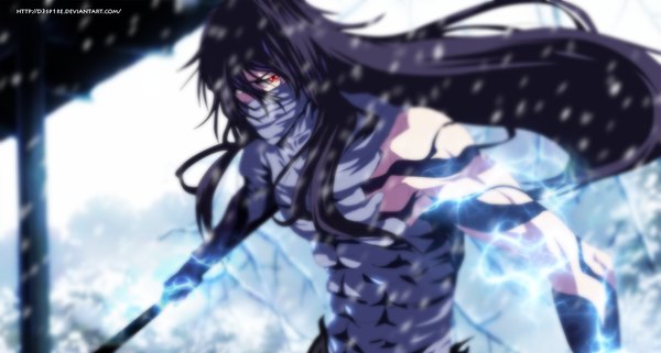 Anime picture 1035x555 with bleach studio pierrot kurosaki ichigo schwarrtz single long hair black hair red eyes wide image sunlight blurry depth of field coloring magic snowing winter snow muscle boy weapon