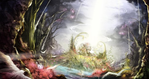 Anime picture 1600x846 with original miyai haruki wide image sky cloud (clouds) dutch angle magic landscape silhouette nature girl flower (flowers) weapon plant (plants) animal sword tree (trees) water armor bird (birds)
