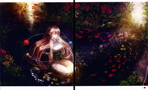 Anime picture 9896x6025 with vocaloid nagareru hikari wa hanayaka ni (artbooks) megurine luka single long hair highres wide image sitting pink hair absurdres bent knee (knees) outdoors eyes closed nail polish scan sparkle short sleeves alternate costume sleeveless kneeling