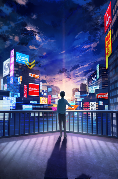Anime picture 861x1300 with original mika pikazo single tall image short hair black hair standing sky cloud (clouds) long sleeves from behind shadow evening sunset tokyo boy shirt white shirt building (buildings) pants