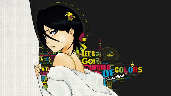 Anime picture 1920x1080 with bleach studio pierrot kuchiki rukia single highres short hair blue eyes black hair wide image bare shoulders looking back girl hair ornament