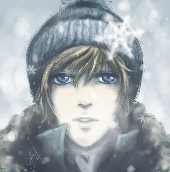 Anime picture 1477x1500 with original masquerade12 single tall image looking at viewer short hair open mouth blue eyes blonde hair signed snowing looking up winter snow exhalation boy cap snowflake (snowflakes)
