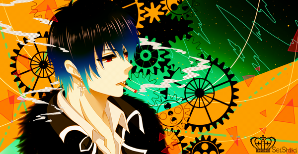 Anime picture 2700x1400 with original seishiki (artist) single highres short hair red eyes wide image blue hair looking away multicolored hair inscription smoke smoking boy earrings cross cigarette