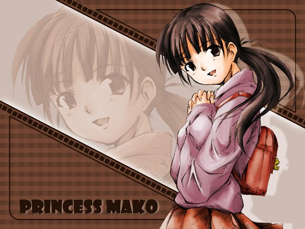 Anime picture 1024x768 with real life mako-hime open mouth brown hair brown eyes ponytail wallpaper skirt sweater bag backpack randoseru
