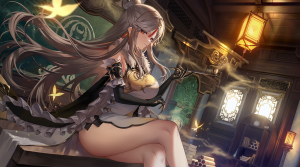 Anime picture 2158x1200 with genshin impact ningguang (genshin impact) gz (gyoju) single long hair looking at viewer fringe highres breasts light erotic red eyes wide image sitting holding indoors traditional clothes grey hair wide sleeves hair bun (hair buns) fur trim