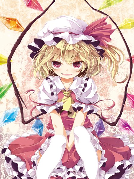 Anime picture 1668x2228 with touhou flandre scarlet tamago gohan tall image looking at viewer blush short hair open mouth blonde hair red eyes sitting fang (fangs) one side up girl thighhighs dress white thighhighs wings bonnet crystal
