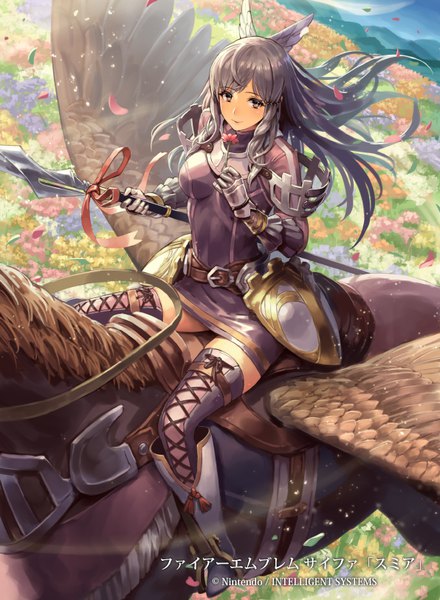 イラスト 596x811 と ファイアーエムブレム ファイアーエムブレム覚醒 fire emblem cipher nintendo sumia (fire emblem) mismi 長髪 長身像 カメラ目線 前髪 笑顔 座る holding 茶目 outdoors from above 風 grey hair 仕事絵 絶対領域