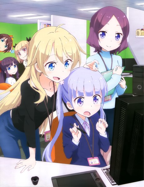 Anime picture 3151x4091 with new game! doga kobo suzukaze aoba takimoto hifumi iijima yun yagami kou shinoda hajime tooyama rin long hair tall image highres short hair open mouth blue eyes blonde hair smile brown hair purple eyes twintails multiple girls