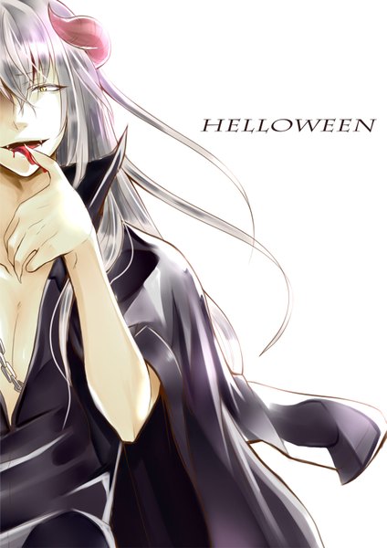 Anime picture 1177x1664 with beelzebub studio pierrot himekawa tatsuya torauk single long hair tall image fringe open mouth yellow eyes silver hair horn (horns) inscription fang (fangs) halloween demon boy tongue blood chain