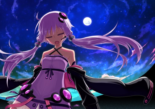 Anime picture 1416x1003 with vocaloid yuzuki yukari kurakumo nue single long hair open mouth twintails bare shoulders sky purple hair cloud (clouds) eyes closed night open clothes open jacket low twintails girl hair ornament jacket moon