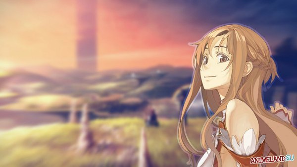 Anime picture 1024x576 with sword art online a-1 pictures yuuki asuna single long hair looking at viewer brown hair wide image bare shoulders brown eyes light smile landscape girl