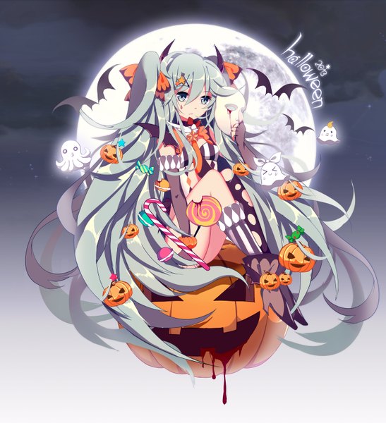 Anime picture 1344x1474 with vocaloid hatsune miku rhea single tall image blue eyes light erotic twintails blue hair very long hair halloween 2013 girl dress gloves bow hair bow animal elbow gloves boots