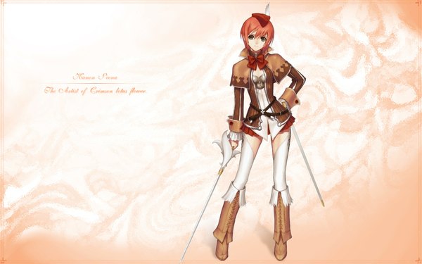 Anime picture 1920x1200 with shining (series) shining tears shining wind kanon seena tony taka single looking at viewer fringe highres short hair hair between eyes wide image brown eyes full body red hair third-party edit girl weapon bowtie knee boots