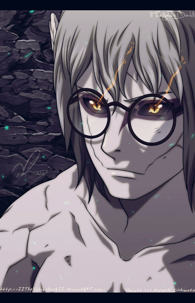 Anime picture 1600x2474 with naruto studio pierrot naruto (series) yakushi kabuto iitheyahikodarkii single tall image short hair yellow eyes grey hair coloring glowing portrait letterboxed close-up face glowing eye (eyes) boy glasses