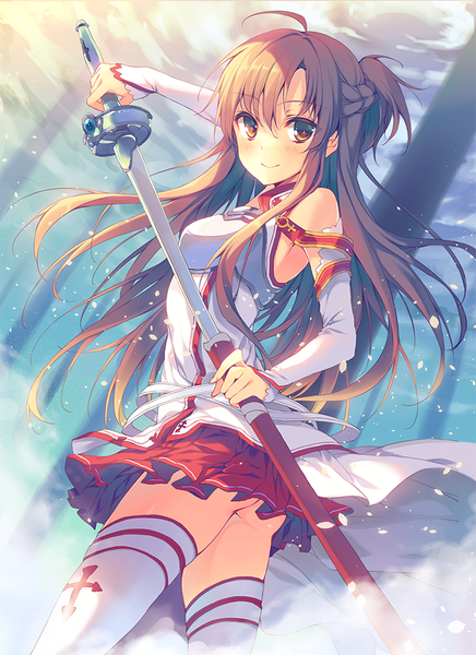 Anime picture 727x1000 with sword art online a-1 pictures yuuki asuna reia single long hair tall image blush light erotic smile brown hair brown eyes girl thighhighs skirt weapon detached sleeves miniskirt white thighhighs sword