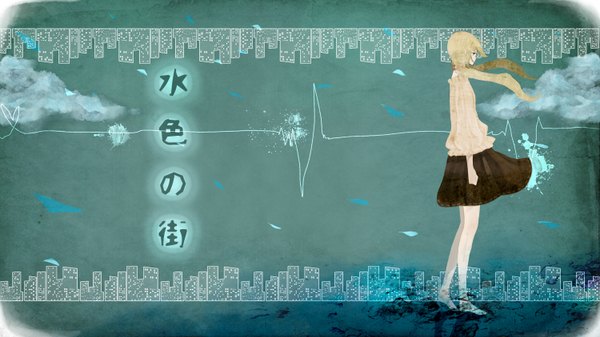 Anime picture 1500x844 with haq long hair blonde hair wide image twintails cloud (clouds) barefoot girl skirt building (buildings)