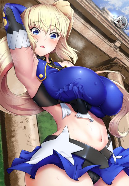 Anime picture 1500x2160 with madan no ou to vanadis eleonora viltaria limlisha bol (liliymimi) long hair tall image looking at viewer blush fringe breasts blue eyes light erotic blonde hair hair between eyes red eyes large breasts standing multiple girls payot sky