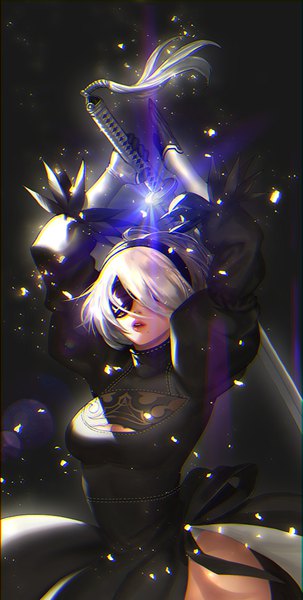 Anime picture 500x988 with nier nier:automata yorha no. 2 type b st (brute18) single tall image fringe short hair light erotic holding silver hair long sleeves parted lips mole arms up sparkle puffy sleeves dark background side slit arched back