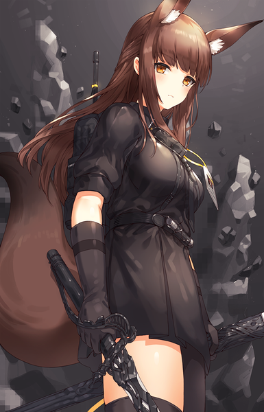 Anime picture 731x1139 with original kfr single long hair tall image looking at viewer blush fringe brown hair holding brown eyes animal ears payot tail blunt bangs animal tail short sleeves fox ears fox tail fox girl