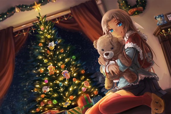 Anime picture 1200x800 with original freeze-ex single long hair looking at viewer blue eyes smile brown hair christmas thighhighs dress skirt toy stuffed animal gift teddy bear christmas tree bauble