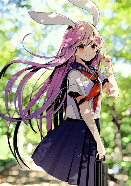 Anime picture 601x850 with touhou reisen udongein inaba yuuka nonoko single long hair tall image blush fringe smile hair between eyes red eyes animal ears looking away purple hair arm up wind blurry short sleeves bunny ears alternate costume