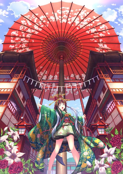 Anime picture 992x1403 with original nazu-na single long hair tall image blush open mouth black hair sky cloud (clouds) eyes closed traditional clothes japanese clothes girl hair ornament flower (flowers) petals kimono umbrella