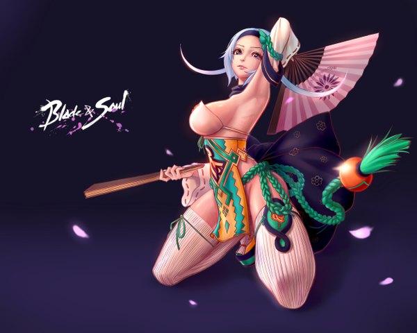 Anime picture 5000x4000 with blade & soul shadow trooper (artist) single long hair looking at viewer highres breasts blue eyes light erotic simple background large breasts blue hair absurdres armpit (armpits) kneeling girl thighhighs fan closed fan