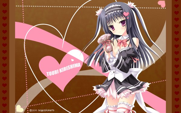 Anime picture 1920x1200 with kisaragi gold star (game) kirisima touri toranosuke single long hair blush highres black hair wide image pink eyes girl thighhighs dress detached sleeves white thighhighs headdress heart bowtie gift