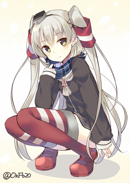 Anime picture 1253x1770 with kantai collection amatsukaze destroyer bekotarou single long hair tall image blush fringe blonde hair smile sitting yellow eyes bent knee (knees) shadow two side up squat girl thighhighs hat scarf