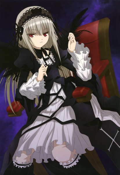 Anime picture 4092x5928 with rozen maiden nyantype suigintou single long hair tall image looking at viewer highres red eyes absurdres silver hair official art loli lolita fashion girl dress wings frills headdress armchair