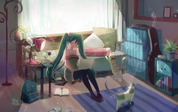 Anime picture 1984x1253 with vocaloid hatsune miku shadowsinking single long hair fringe highres open mouth twintails eyes closed green hair girl thighhighs black thighhighs headphones bag lamp bedroom