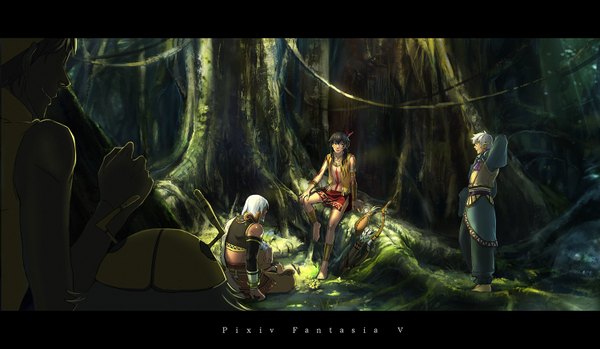 Anime picture 1500x874 with original pixiv fantasia pixiv fantasia v liduke short hair black hair wide image white hair barefoot pointy ears black eyes tattoo face paint boy plant (plants) detached sleeves tree (trees) bow (weapon) arrow (arrows) roots
