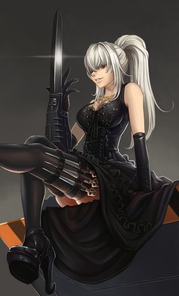 Anime picture 1300x2139 with warhammer 40k dantewontdie single long hair tall image smile red eyes sitting white hair ponytail dark background girl thighhighs gloves weapon black thighhighs sword elbow gloves shoes