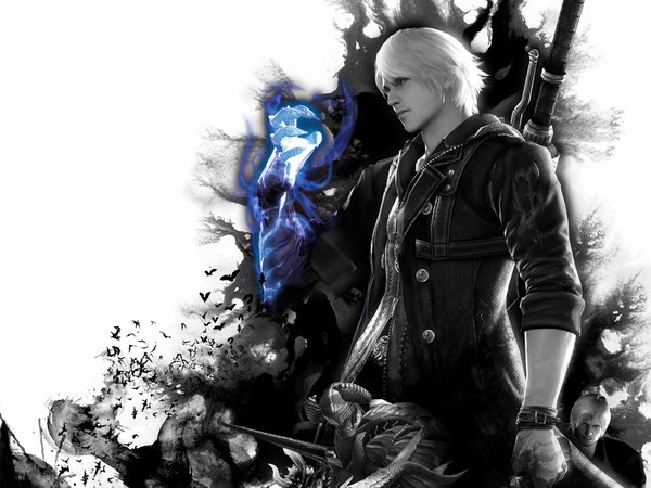 Anime picture 1024x768 with devil may cry nero (devil may cry) single short hair white hair monochrome twisty sleeves boy weapon animal sword jacket bird (birds)
