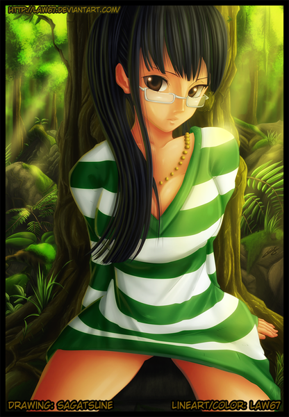 Anime picture 833x1200 with one piece one piece: strong world toei animation nico robin law67 single long hair tall image light erotic black hair sitting brown eyes sunlight coloring striped framed girl plant (plants) tree (trees) glasses