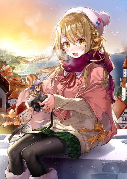Anime picture 800x1131 with original shirako miso single long hair tall image looking at viewer blush fringe open mouth blonde hair smile hair between eyes sitting yellow eyes braid (braids) pleated skirt wind city plaid skirt smoke